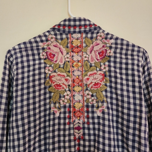 Johnny Was Workshop Gingham Plaid Embroidered Floral Button Down Top Rodeo Shirt - Picture 12 of 15
